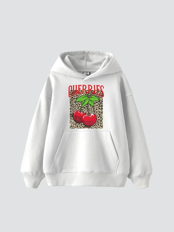 Cherries Leopard Baskılı Oversize Unisex Beyaz Hoodie