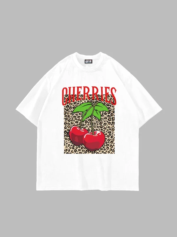 Cherries Leopard Baskılı Oversize Unisex Beyaz Tshirt