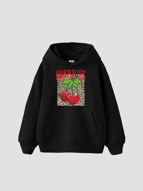 Cherries Leopard Baskılı Oversize Unisex Siyah Hoodie
