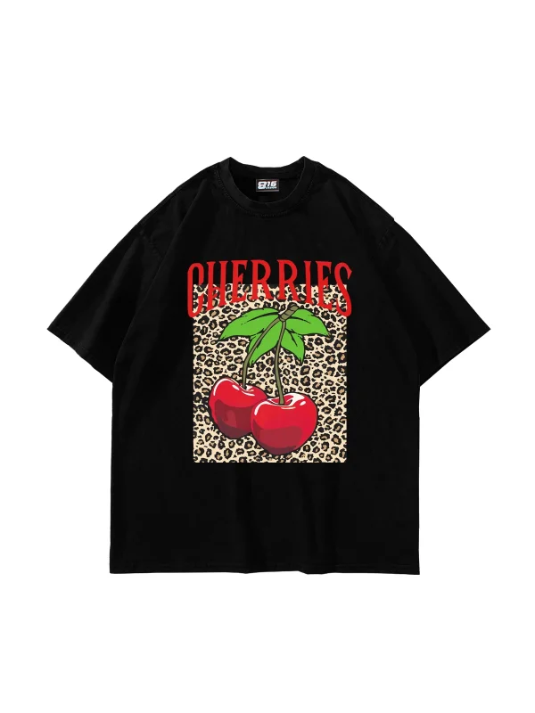 Cherries Leopard Baskılı Oversize Unisex Siyah Tshirt