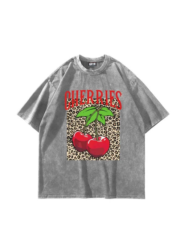 Cherries Leopard Baskılı Oversize Unisex Yıkamalı Beyaz Tshirt