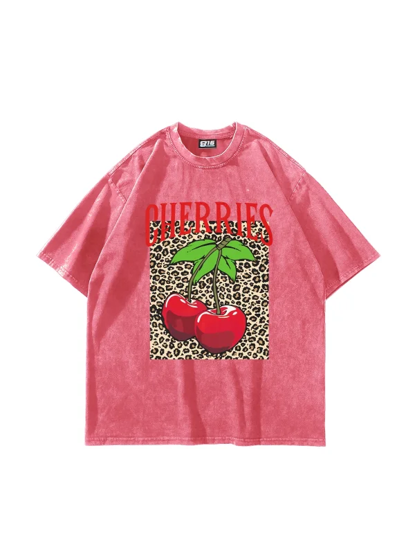 Cherries Leopard Baskılı Oversize Unisex Yıkamalı Pembe Tshirt