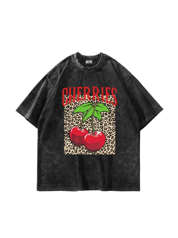 Cherries Leopard Baskılı Oversize Unisex Yıkamalı Siyah Tshirt