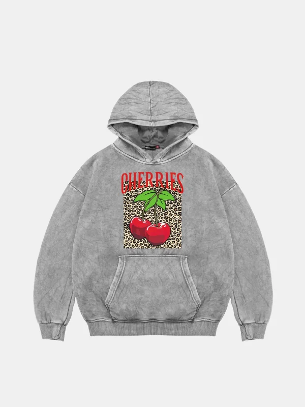 Cherries Leopard Oversize Unisex Yıkamalı Beyaz Hoodie