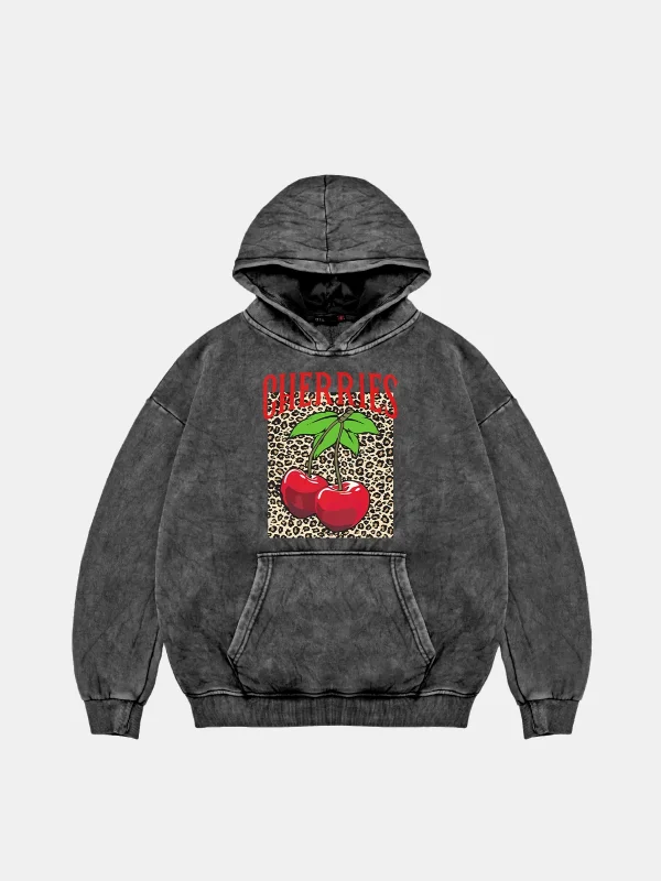 Cherries Leopard Oversize Unisex Yıkamalı Siyah Hoodie