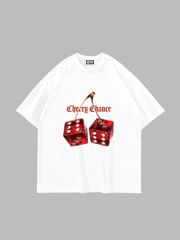 Cherry Chance Baskılı Oversize Unisex Beyaz Tshirt