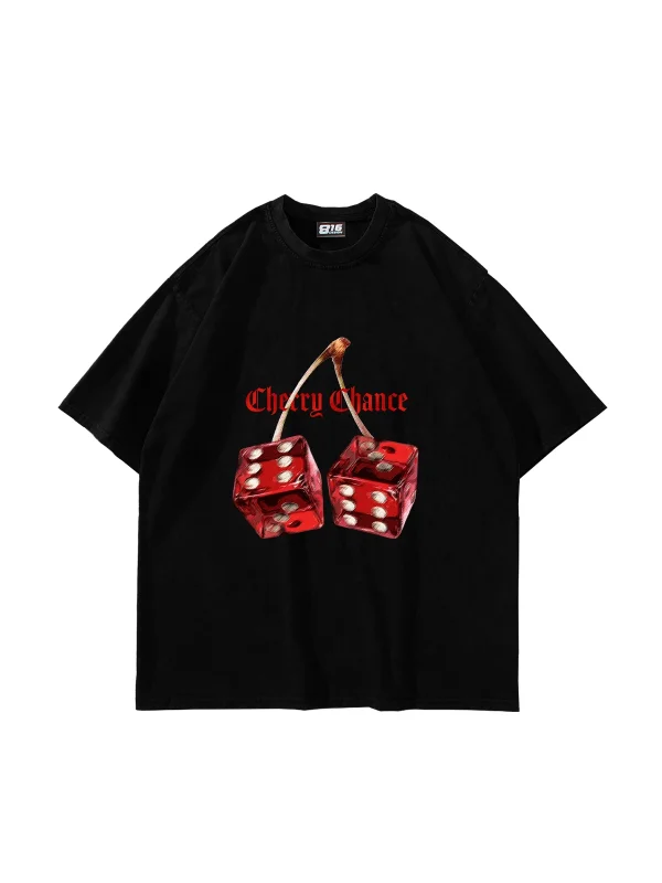Cherry Chance Baskılı Oversize Unisex Siyah Tshirt