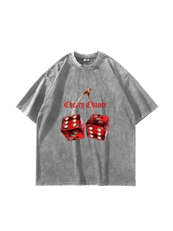 Cherry Chance Baskılı Oversize Unisex Yıkamalı Beyaz Tshirt