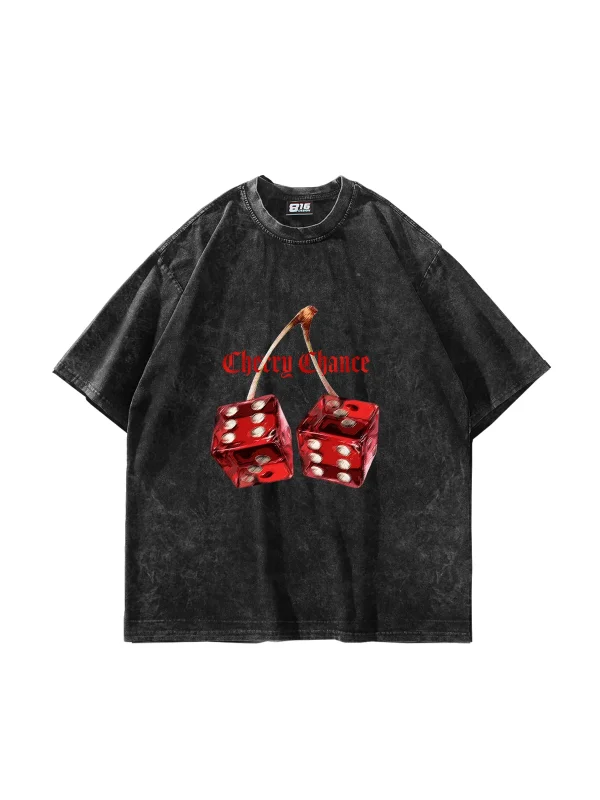 Cherry Chance Baskılı Oversize Unisex Yıkamalı Siyah Tshirt