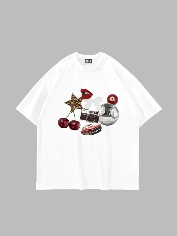 Cherry & Disco Vibes Baskılı Oversize Unisex Beyaz Tshirt
