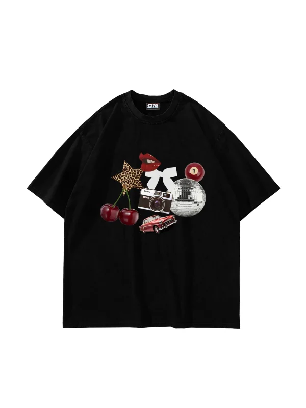 Cherry & Disco Vibes Baskılı Oversize Unisex Siyah Tshirt