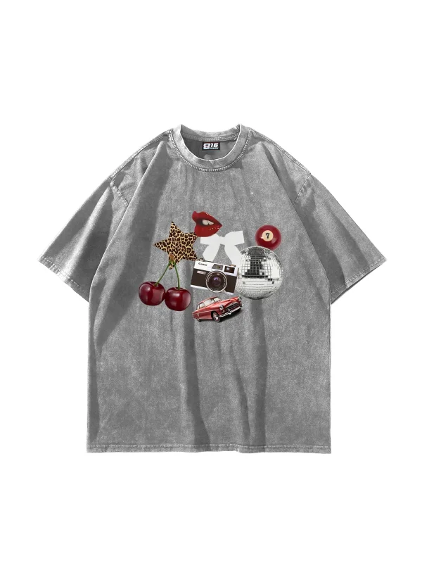 Cherry & Disco Vibes Baskılı Oversize Unisex Yıkamalı Beyaz Tshirt