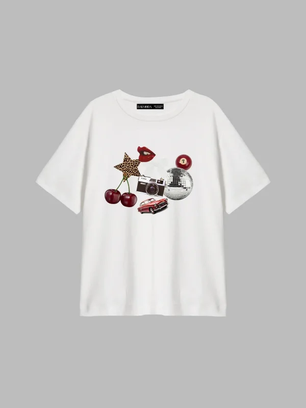 Cherry & Disco Vibes Baskılı Relaxed Fit Beyaz Kadın Tshirt