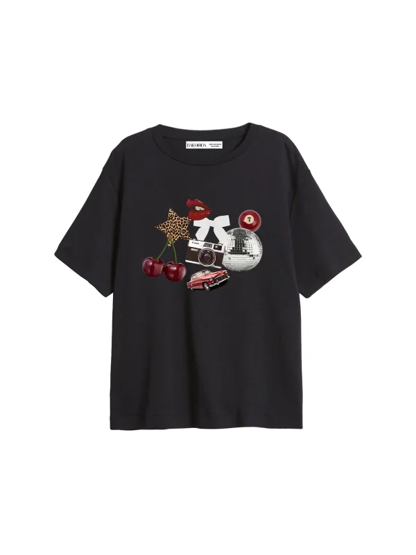 Cherry & Disco Vibes Baskılı Relaxed Fit Siyah Kadın Tshirt
