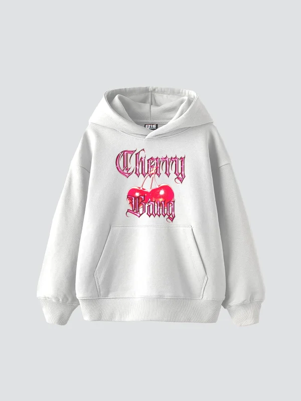 Cherry Gang Baskılı Oversize Unisex Beyaz Hoodie
