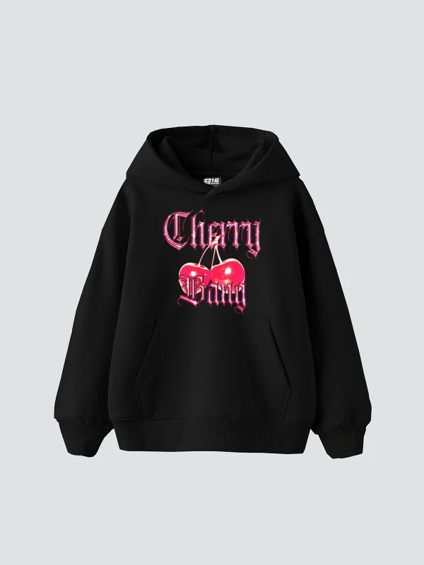 Cherry Gang Baskılı Oversize Unisex Siyah Hoodie