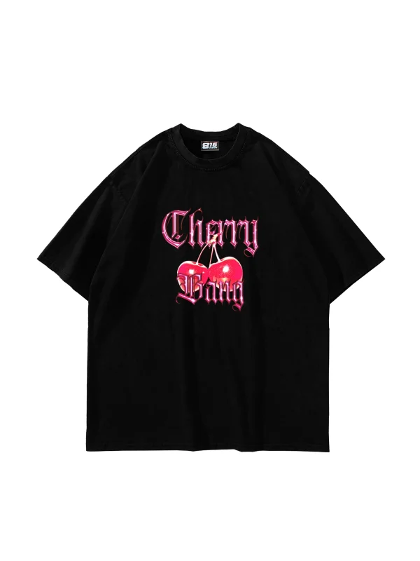 Cherry Gang Baskılı Oversize Unisex Siyah Tshirt