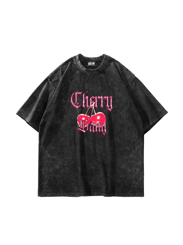 Cherry Gang Baskılı Oversize Unisex Yıkamalı Siyah Tshirt
