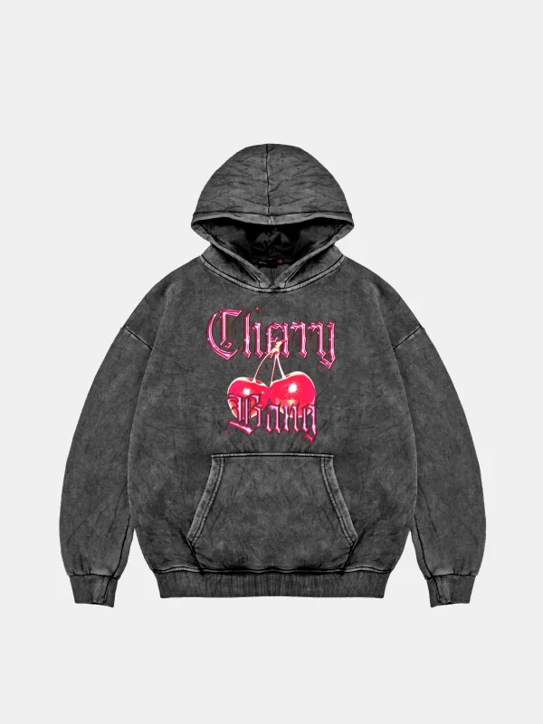 Cherry Gang Oversize Unisex Yıkamalı Siyah Hoodie