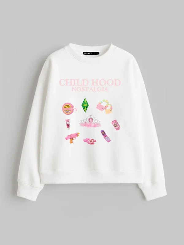Childhood Nostalgia Baskılı Kapüşonsuz Relaxed Fit Kadın Beyaz Sweatshirt