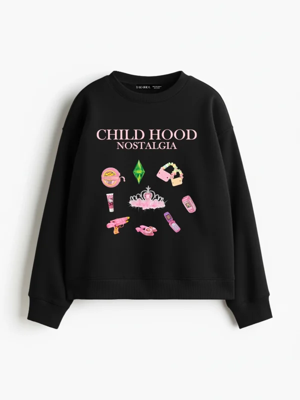 Childhood Nostalgia Baskılı Kapüşonsuz Relaxed Fit Kadın Siyah Sweatshirt