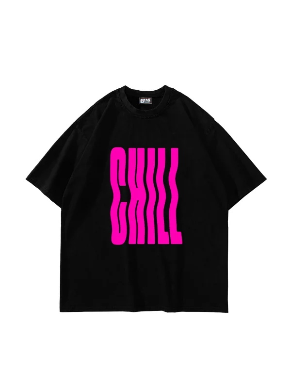 Chill Baskılı Oversize Unisex Siyah Tshirt