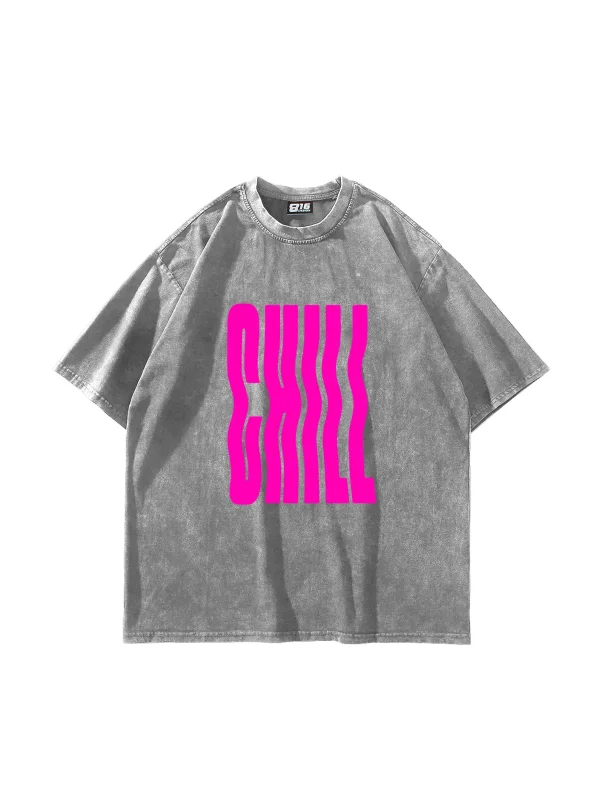 Chill Baskılı Oversize Unisex Yıkamalı Beyaz Tshirt