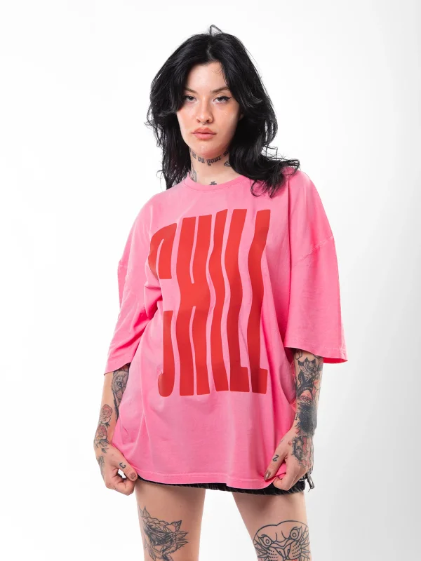 Chill Baskılı Oversize Unisex Yıkamalı Pembe Tshirt