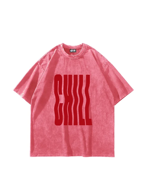 Chill Baskılı Oversize Unisex Yıkamalı Pembe Tshirt