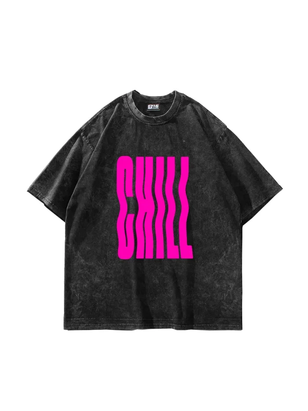 Chill Baskılı Oversize Unisex Yıkamalı Siyah Tshirt