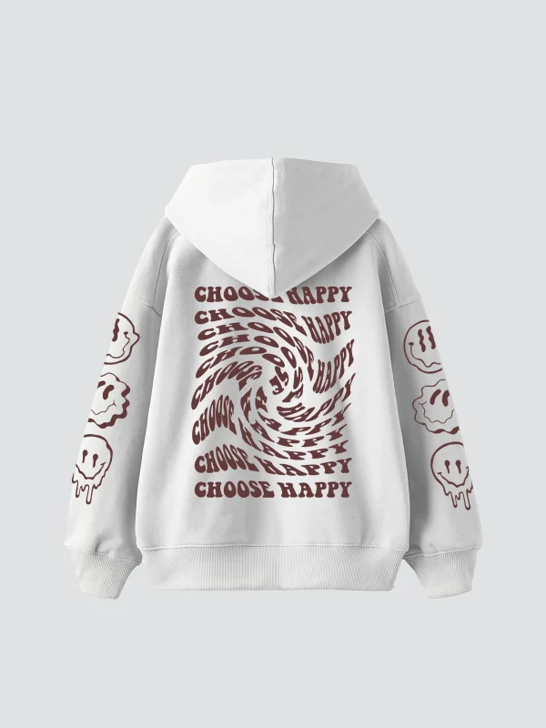 Choose Happy Baskılı Oversize Unisex Beyaz Hoodie