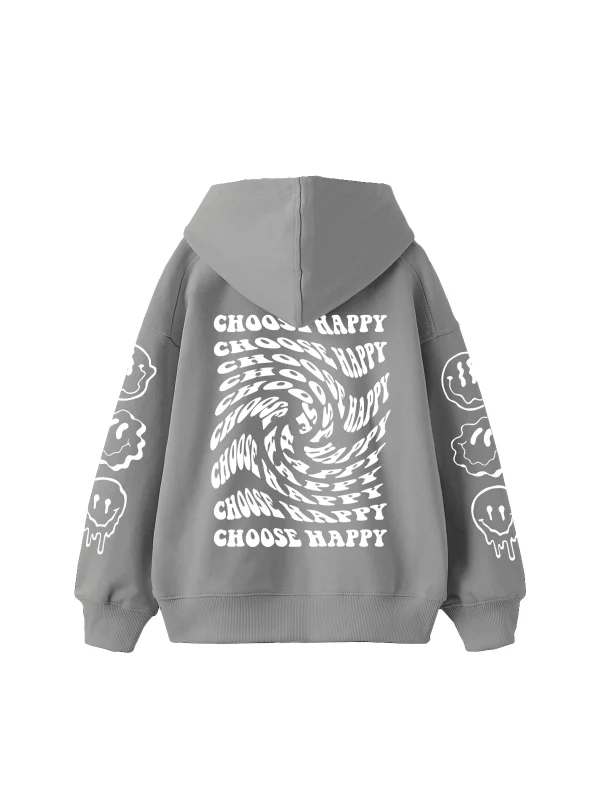 Choose Happy Baskılı Oversize Unisex Gri Hoodie