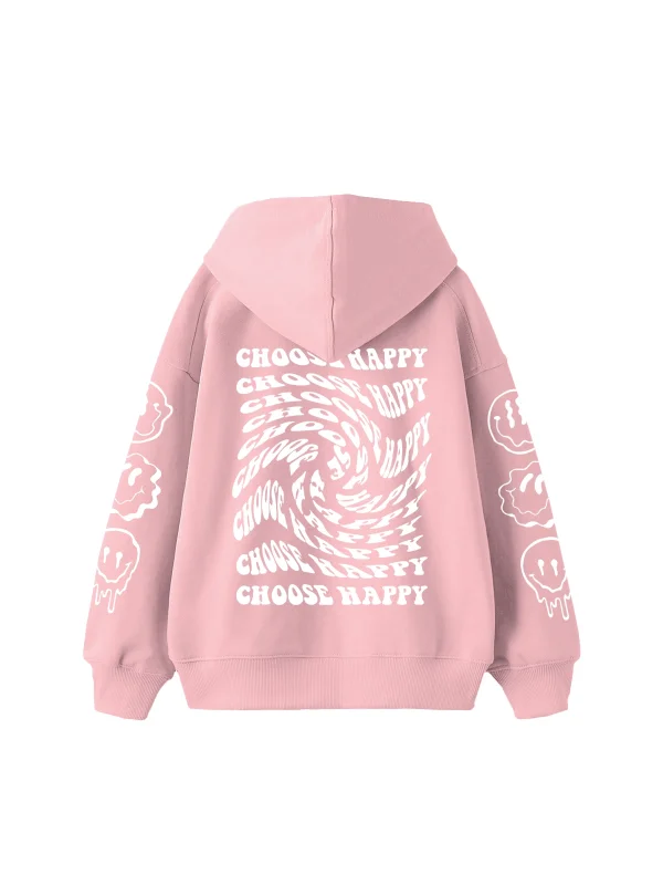 Choose Happy Baskılı Oversize Unisex Pembe Hoodie