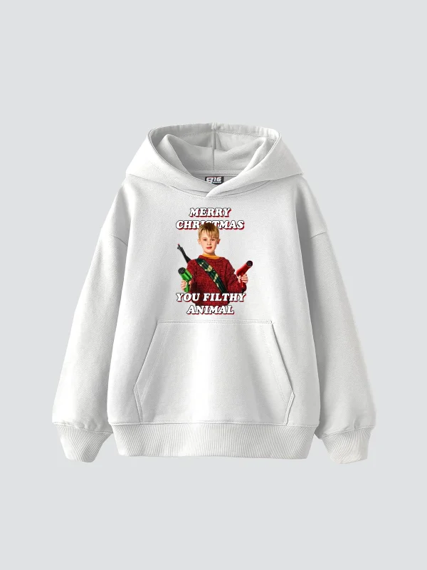 Christmas Home Alone Baskılı Oversize Unisex Beyaz Hoodie