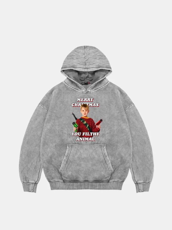 Christmas Home Alone Baskılı Oversize Unisex Yıkamalı Beyaz Hoodie