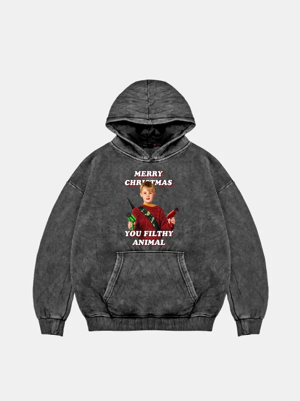 Christmas Home Alone Baskılı Oversize Unisex Yıkamalı Siyah Hoodie