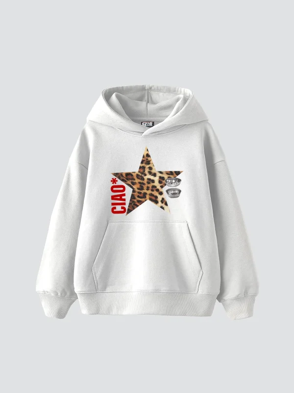 Ciao Yıldız Baskılı Oversize Unisex Beyaz Hoodie