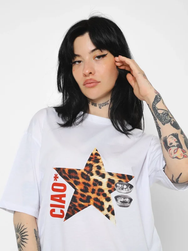 Ciao Yıldız Baskılı Oversize Unisex Beyaz Tshirt
