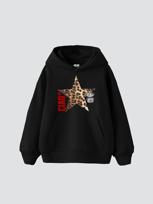 Ciao Yıldız Baskılı Oversize Unisex Siyah Hoodie