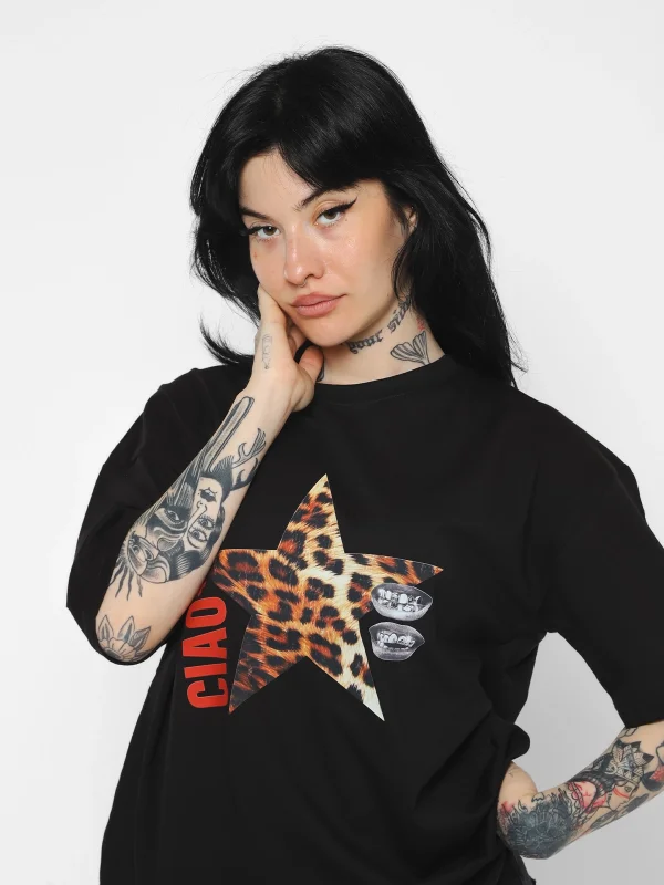 Ciao Yıldız Baskılı Oversize Unisex Siyah Tshirt