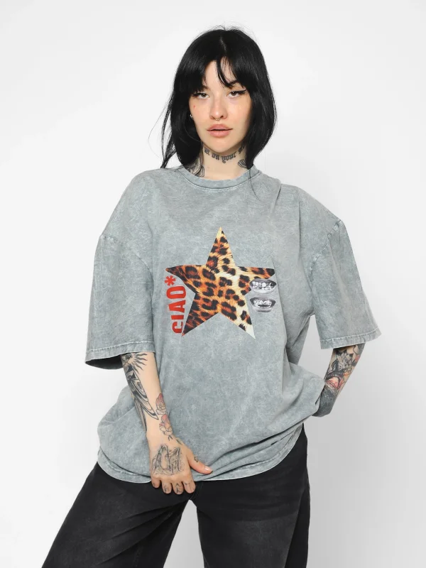 Ciao Yıldız Baskılı Oversize Unisex Yıkamalı Beyaz Tshirt
