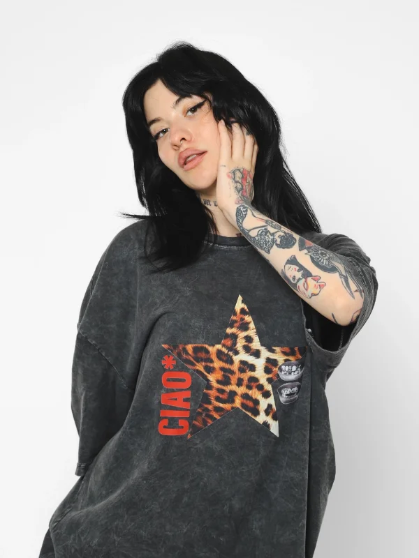 Ciao Yıldız Baskılı Oversize Unisex Yıkamalı Siyah Tshirt