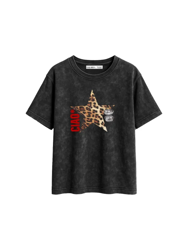 Ciao Yıldız Baskılı Relaxed Fit Yıkamalı Siyah Kadın Tshirt