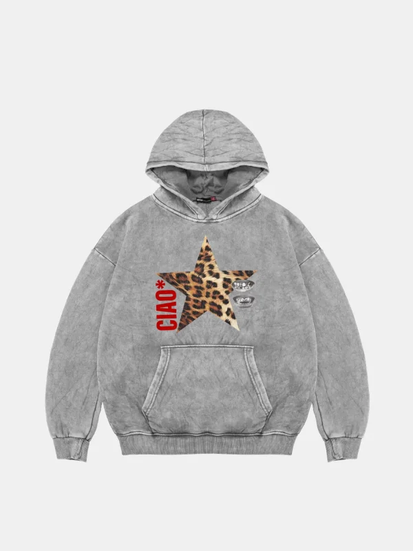 Ciao Yıldız Oversize Unisex Yıkamalı Beyaz Hoodie