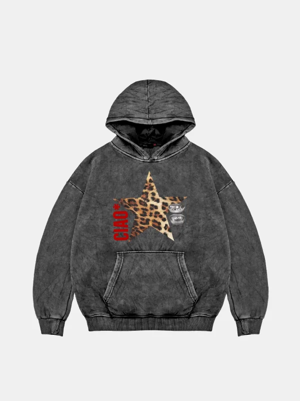 Ciao Yıldız Oversize Unisex Yıkamalı Siyah Hoodie