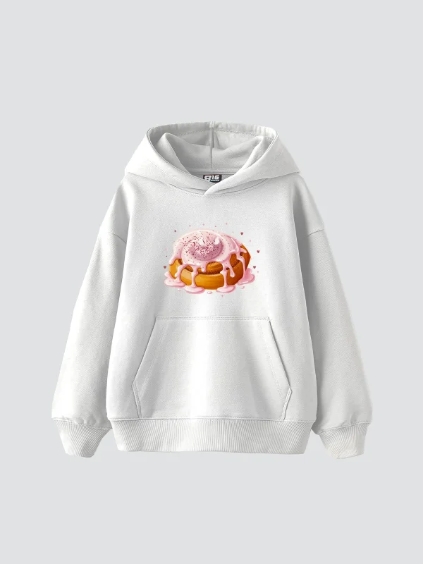 Cinnamon Roll Baskılı Oversize Unisex Beyaz Hoodie