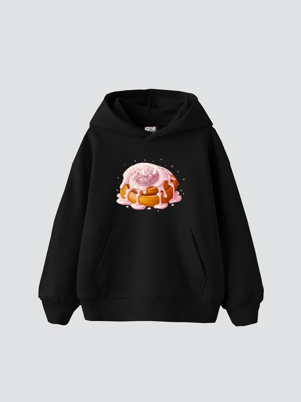 Cinnamon Roll Baskılı Oversize Unisex Siyah Hoodie