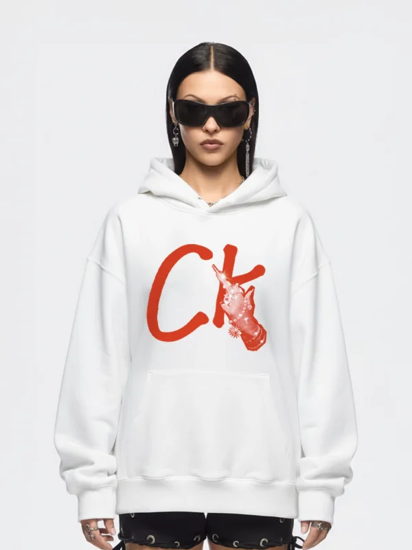CK. Baskılı Oversize Unisex Beyaz Hoodie