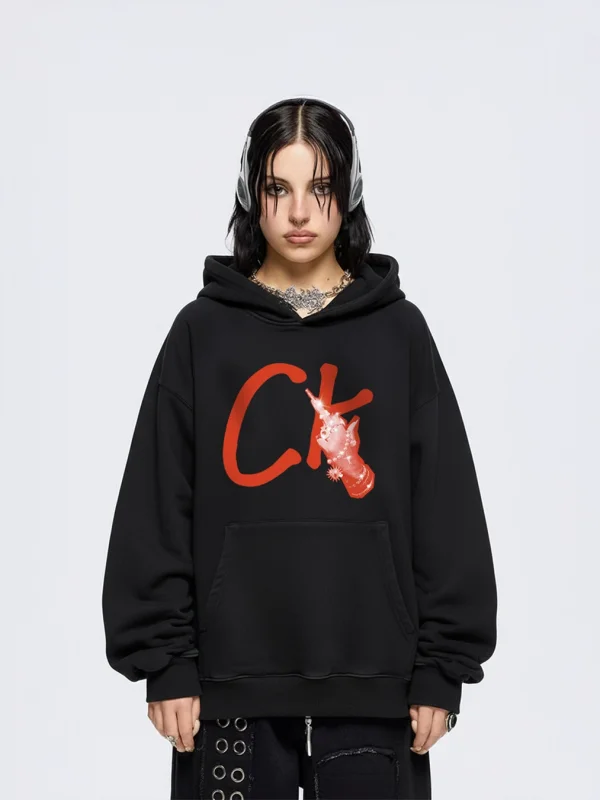 CK. Baskılı Oversize Unisex Siyah Hoodie