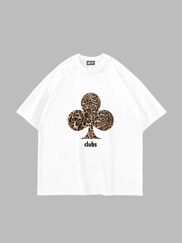 Clubs Leopar Baskılı Oversize Unisex Premium Beyaz Tshirt